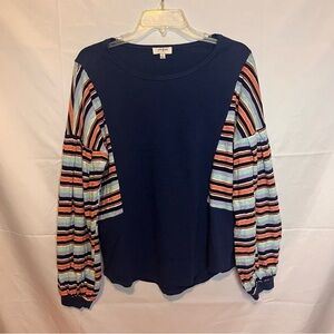 UMGEE, Round Neck Long Sleeve Lightwieht, Stripe Ballon Sleeve Shirt. Size Small